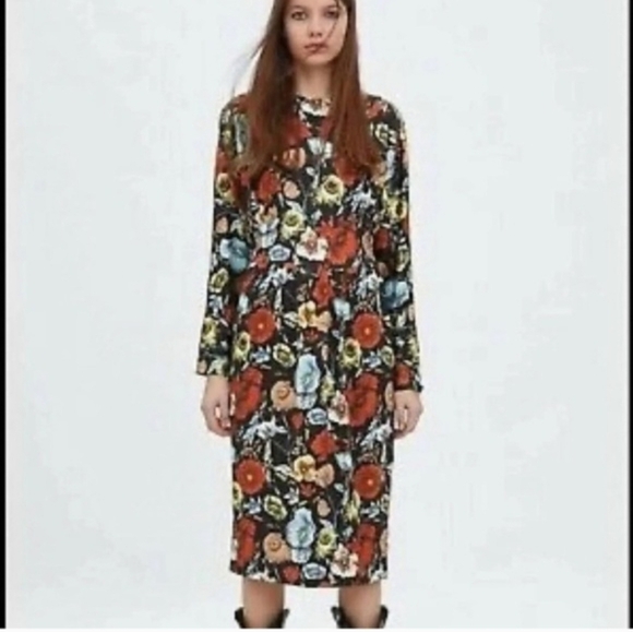 Zara Dresses & Skirts - Zara Floral Midi Long Sleeve Dress, Sz S